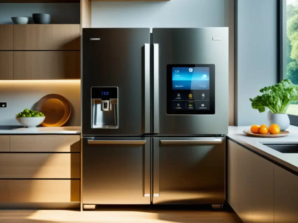 Cocina moderna con electrodomésticos eficientes y estilizados Una cocina moderna con electrodomésticos eficientes y etiquetas energéticas visibles, transmitiendo un estilo contemporáneo y ecoamigable