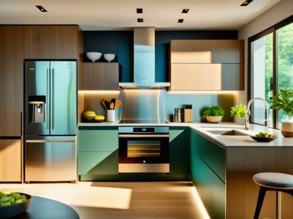 Cocina moderna y ecoamigable con electrodomésticos eficientes Una cocina moderna con electrodomésticos eficientes energéticamente, impacto de regulaciones medioambientales en electrodomésticos