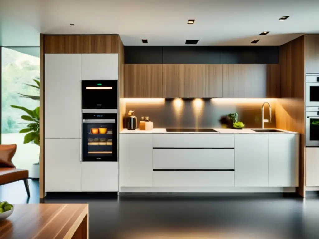 Cocina moderna con electrodomésticos eficientes y diseño ecoamigable Una cocina moderna con electrodomésticos eficientes, iluminada con luz natural