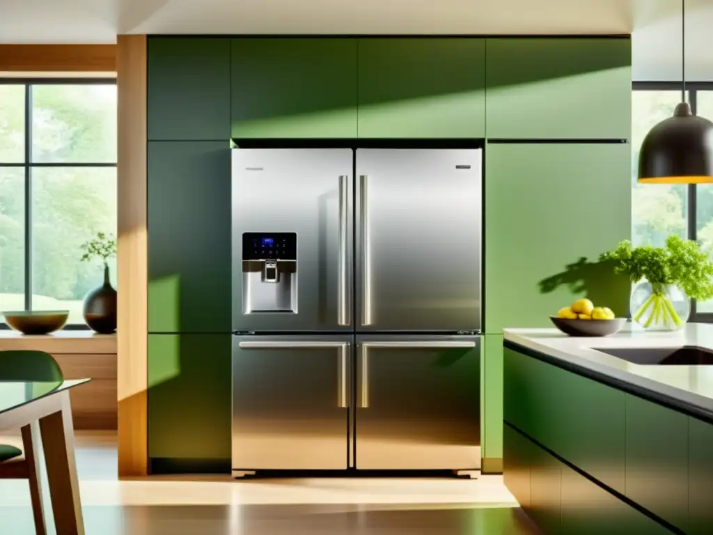 Cocina moderna con electrodomésticos eficientes: ahorro energético en casa Una cocina moderna con electrodomésticos eficientes energéticamente, bañada en luz natural y con etiquetas verdes de eficiencia energética