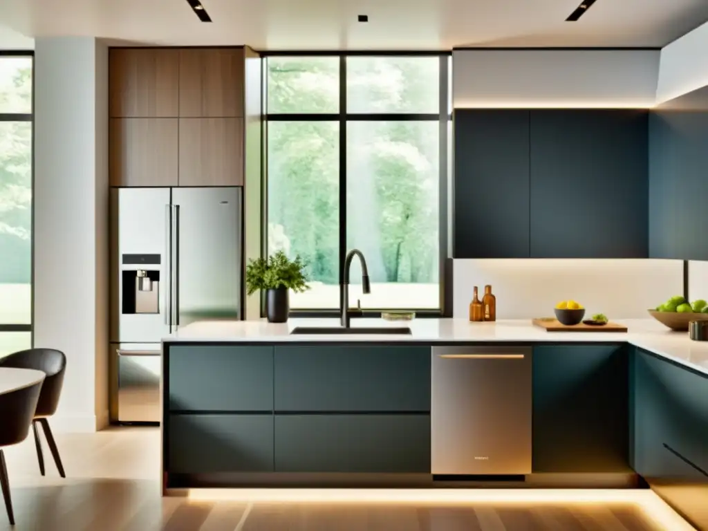 Cocina moderna con electrodomésticos eficientes: ahorro y estilo Una cocina moderna con electrodomésticos eficientes, iluminada por luz natural