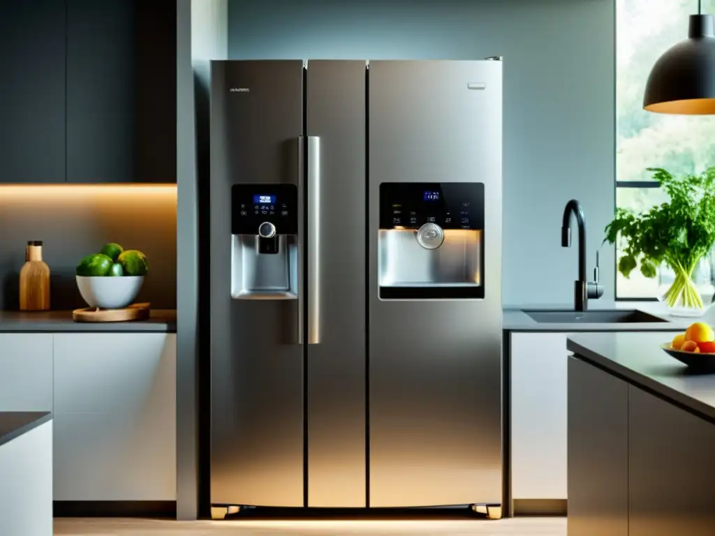 Electrodomésticos eficientes: moderna cocina bien iluminada Una cocina moderna con electrodomésticos eficientes y etiquetas energéticas prominentes, resaltando la importancia de conocer las calificaciones de energía para electrodomésticos en el hogar