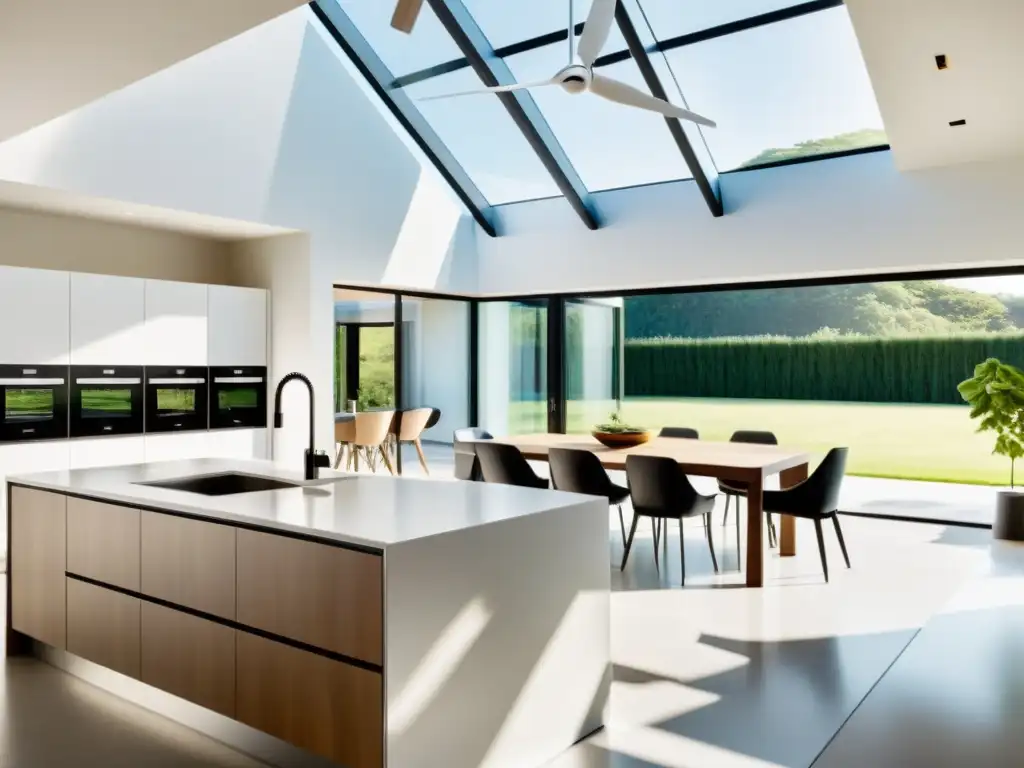 Cocina moderna y sostenible con energía renovable y electrodomésticos eficientes Una cocina moderna con electrodomésticos energéticamente eficientes, integrados en un diseño sofisticado y amigable con el medio ambiente