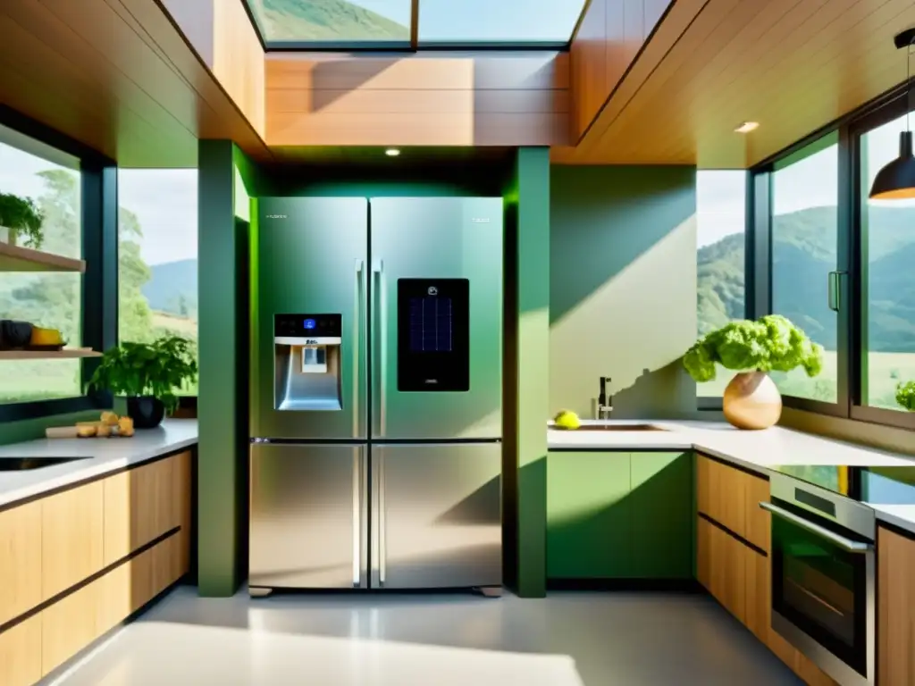 Cocina moderna y ecológica con electrodomésticos inteligentes y eficientes Cocina moderna con electrodomésticos energéticamente eficientes y paneles solares en el techo