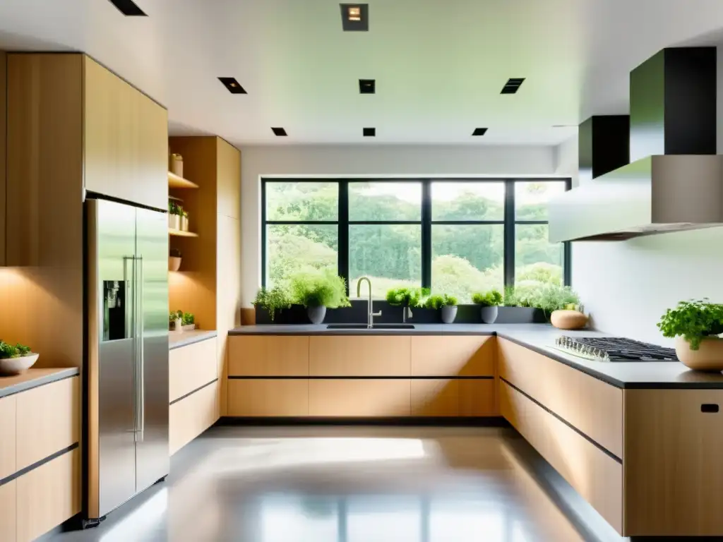 Cocina moderna con electrodomésticos eficientes y luz natural Una cocina moderna con electrodomésticos energéticamente eficientes, iluminada por luz natural a través de grandes ventanas