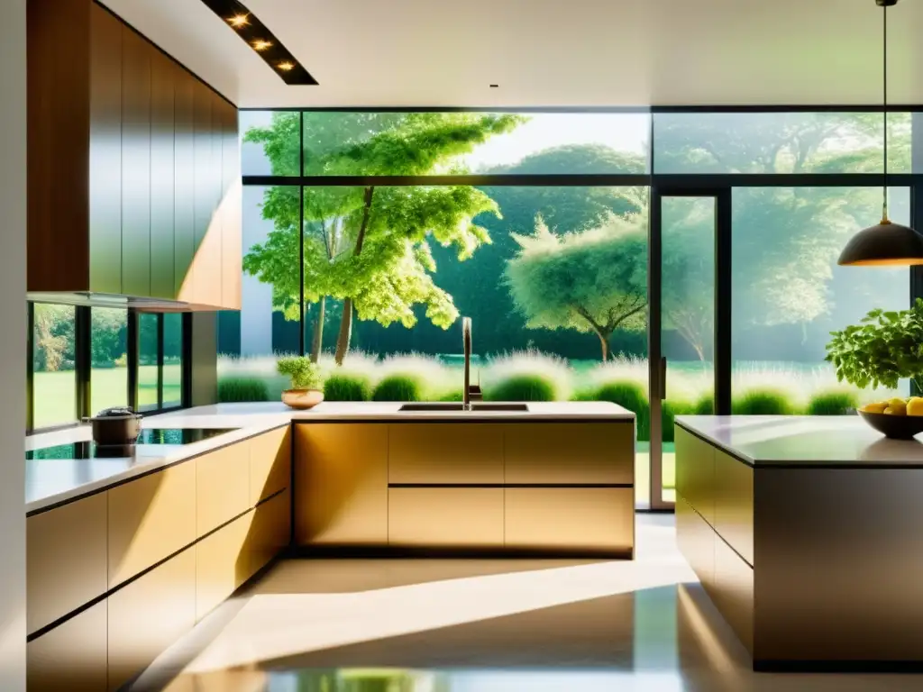 Cocina eco-amigable con electrodomésticos de vanguardia y vistas al jardín Una cocina moderna con electrodomésticos energéticamente eficientes, iluminada por la luz natural y rodeada de un exuberante jardín