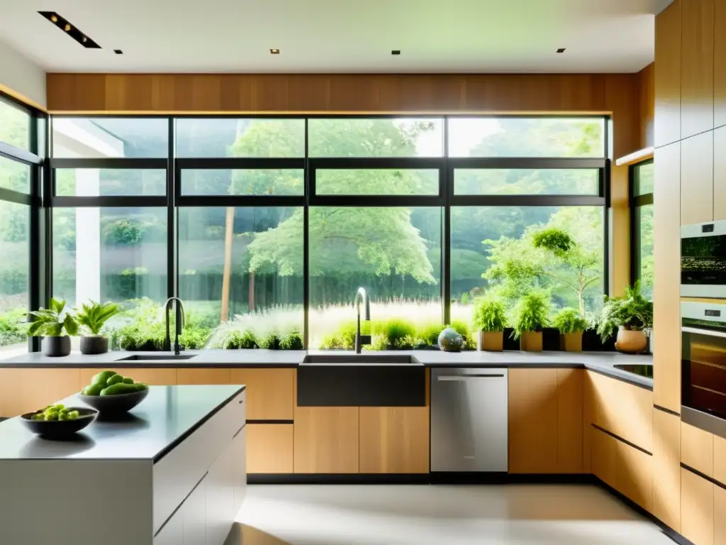 Cocina moderna ecoamigable con electrodomésticos energéticamente eficientes Una cocina moderna con electrodomésticos energéticamente eficientes, rodeada de plantas verdes y luz natural
