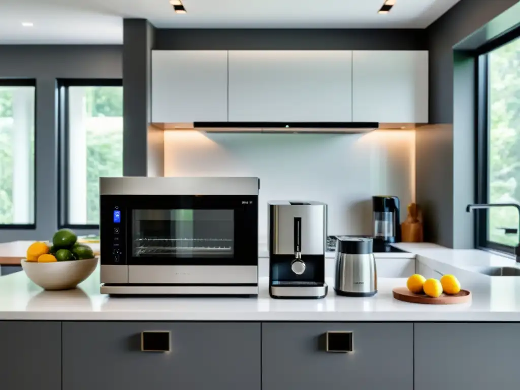 Cocina moderna con electrodomésticos de alta tecnología y diseño elegante Una cocina moderna con electrodomésticos ergonómicos y seguros, organizados con estilo en encimeras impecables, iluminada por luz natural