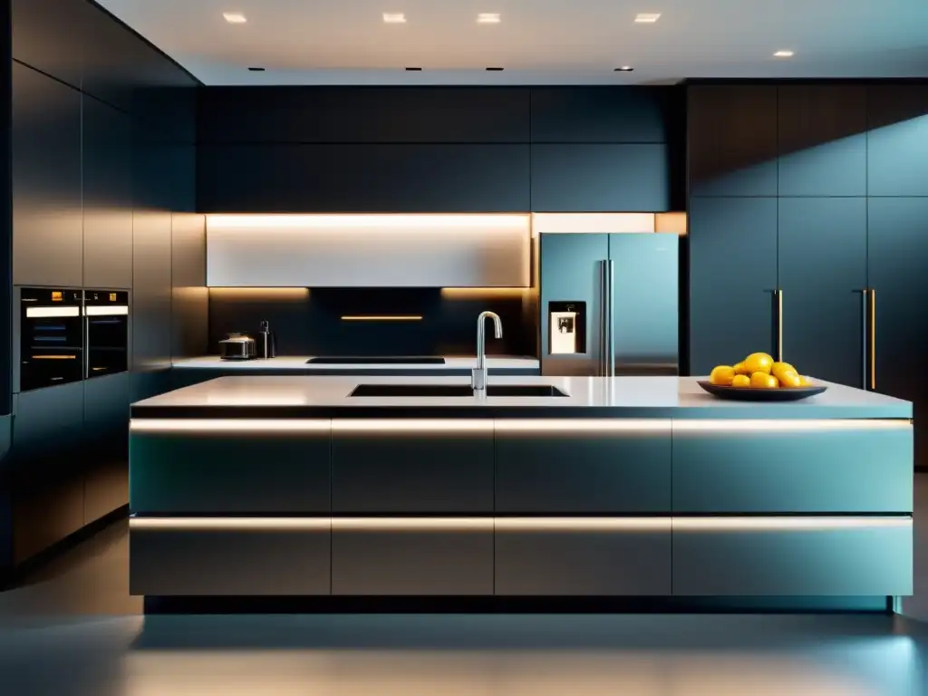 Cocina de lujo con electrodomésticos de IA integrados Una cocina moderna con electrodomésticos futuristas integrados con IA, exudando sofisticación y tecnología avanzada