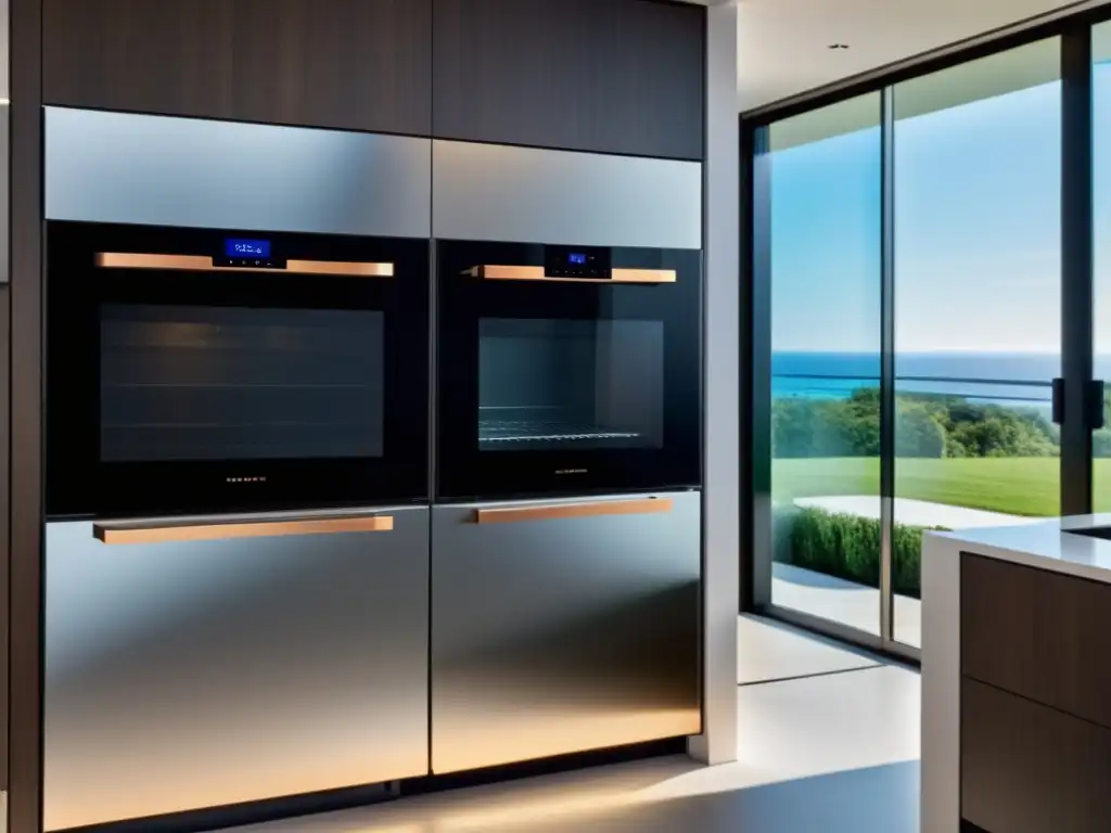 Cocina moderna con electrodomésticos integrados de alta tecnología Una cocina moderna con electrodomésticos integrados de alta tecnología, evolución controles electrodomésticos tecnología hogar