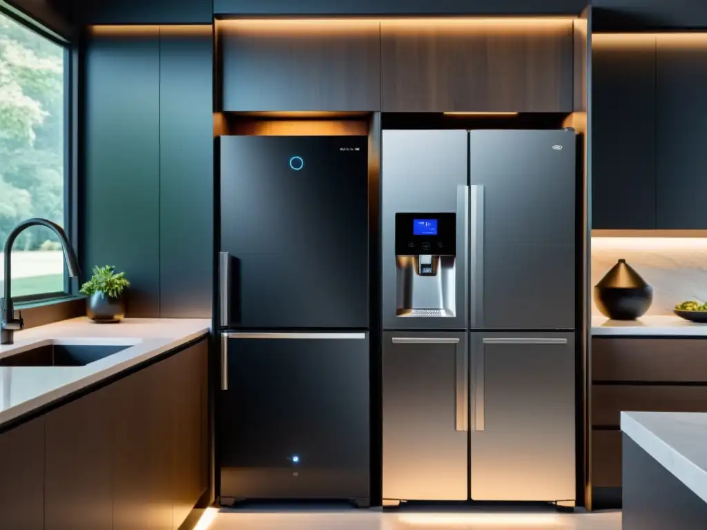 Cocina moderna con asistente de voz integrado en los electrodomésticos Una cocina moderna con electrodomésticos integrados con reconocimiento de voz