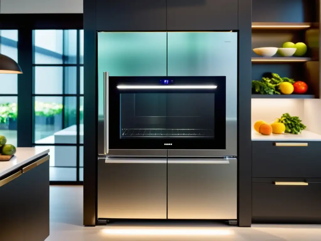 Cocina inteligente con electrodomésticos de vanguardia Una cocina moderna con electrodomésticos de inteligencia artificial integrados en el diseño, creando un espacio futurista y funcional