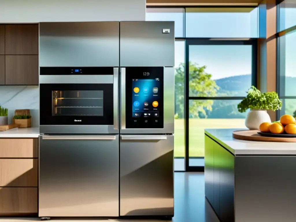 Cocina moderna con electrodomésticos inteligentes de acero inoxidable Una cocina moderna con electrodomésticos inteligentes de acero inoxidable, organizados con elegancia bajo la suave luz natural