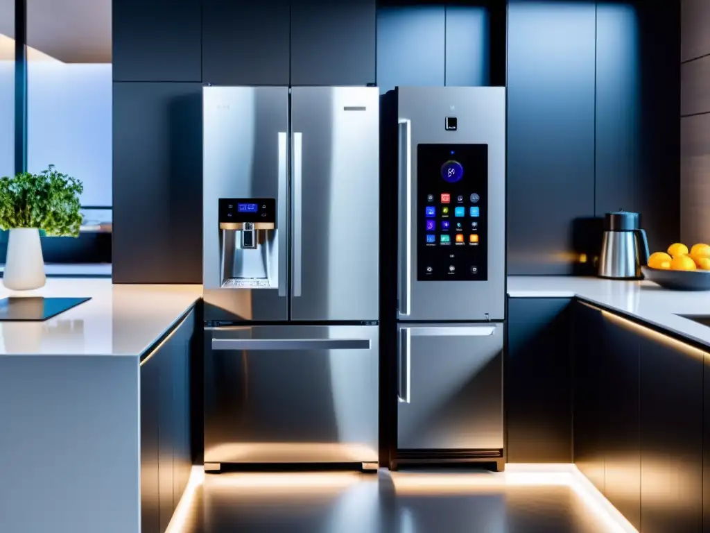 Cocina inteligente de diseño minimalista y tecnológico Una cocina moderna con electrodomésticos inteligentes para el hogar, diseño minimalista, líneas limpias y conectividad