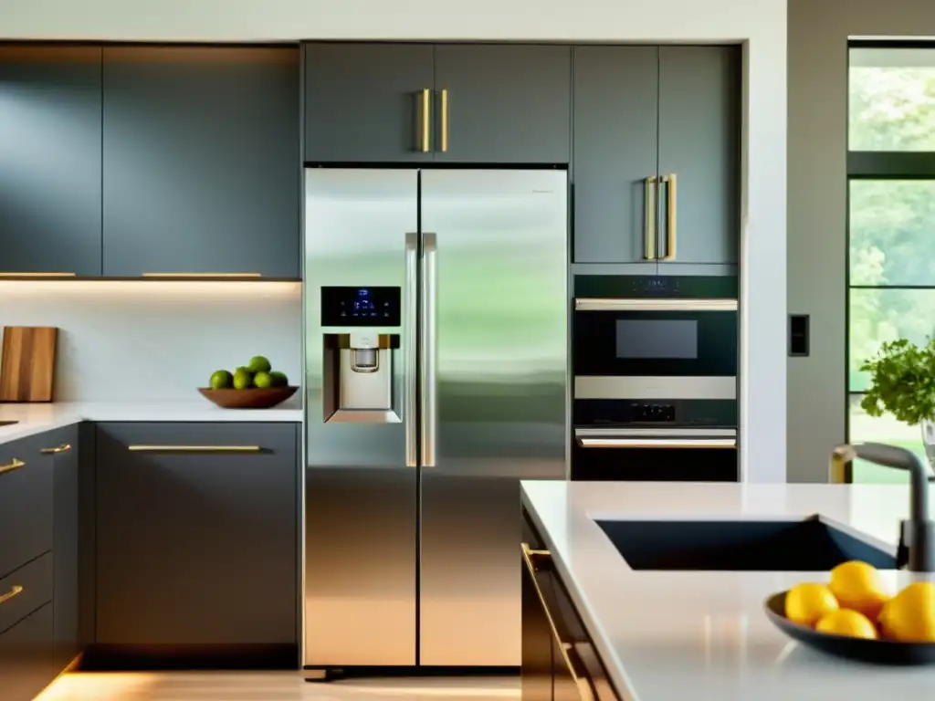 Cocina inteligente y futurista con electrodomésticos de alta tecnología Una cocina moderna con electrodomésticos inteligentes de acero inoxidable, iluminada por luz natural