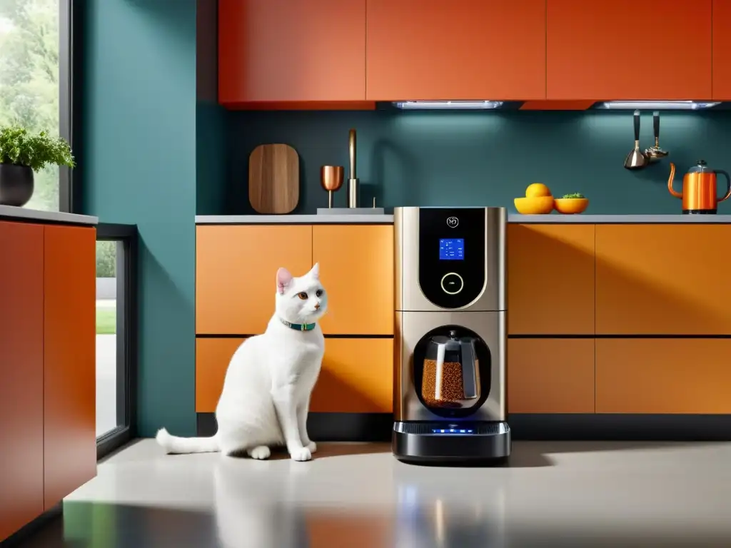 Cocina moderna con electrodomésticos inteligentes para mascotas Una cocina moderna con electrodomésticos inteligentes para mascotas, integrados en un espacio armonioso y elegante