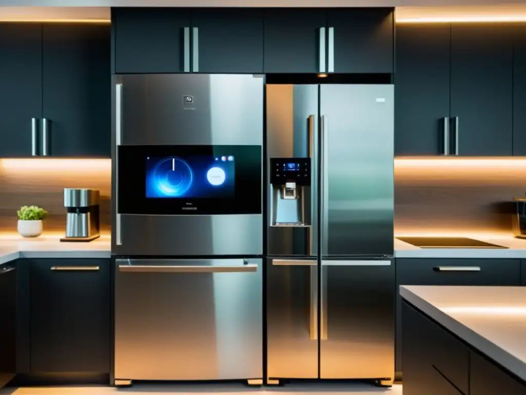 Cocina futurista con electrodomésticos inteligentes Una cocina moderna con electrodomésticos inteligentes conectados, emitiendo sutiles señales de datos