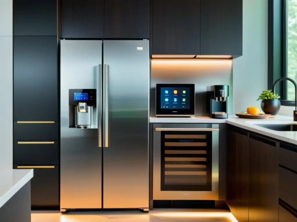Cocina moderna con electrodomésticos inteligentes Una cocina moderna con electrodomésticos inteligentes de acero inoxidable integrados