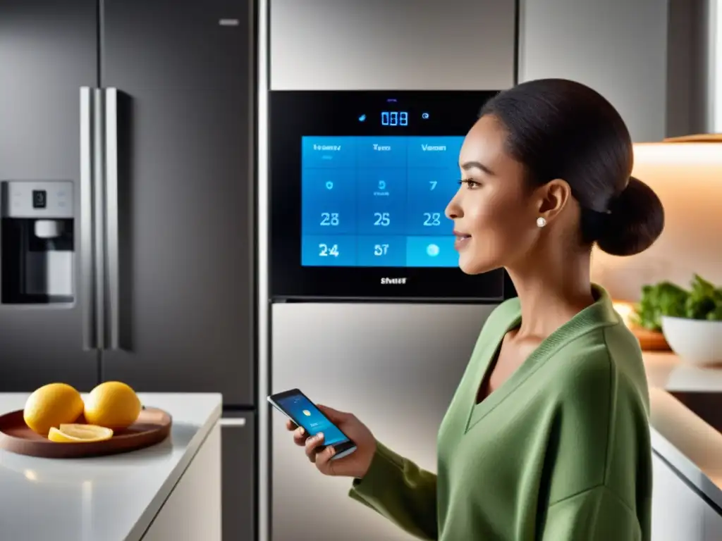 Cocina futurista con electrodomésticos inteligentes y acogedora iluminación Una cocina moderna con electrodomésticos inteligentes protegiendo conversaciones, ambiente acogedor y futurista