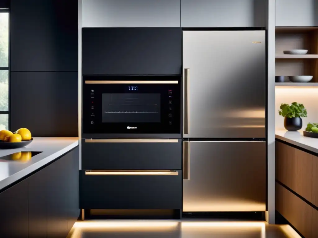 Cocina inteligente para espacios pequeños: diseño futurista con electrodomésticos integrados Una cocina moderna con electrodomésticos inteligentes adaptados a espacios pequeños, de diseño minimalista y futurista
