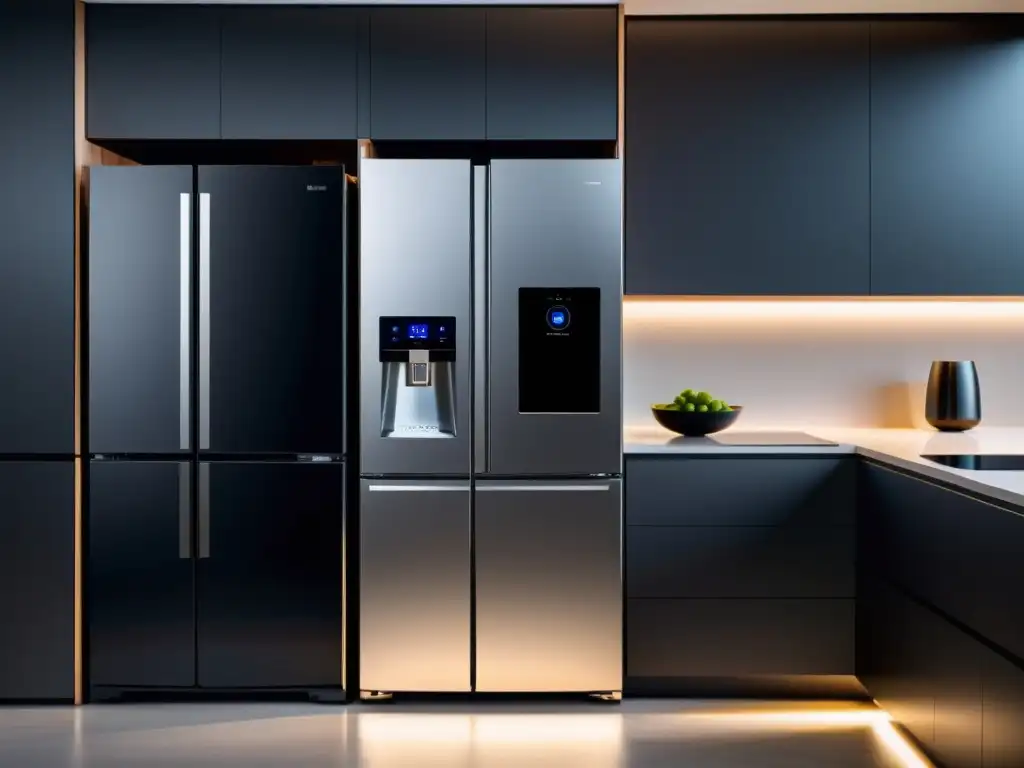 Cocina futurista con electrodomésticos inteligentes integrados Una cocina moderna con electrodomésticos inteligentes integrados, transmitiendo un ambiente sofisticado y futurista