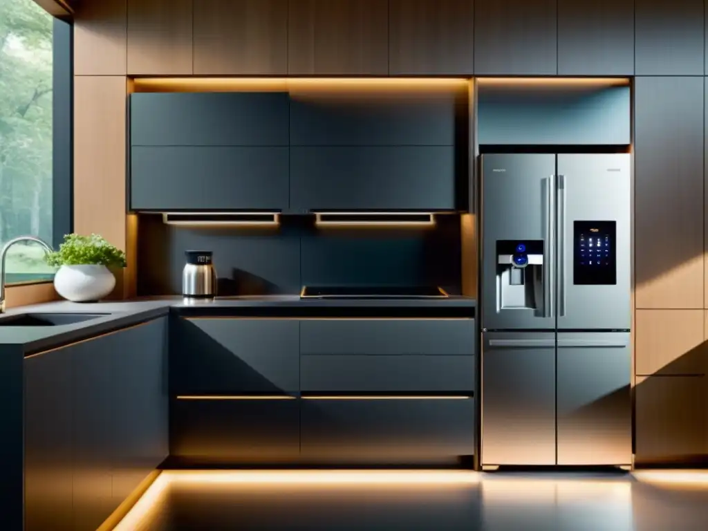 Cocina inteligente: lujo y datos en armonía Una cocina moderna con electrodomésticos inteligentes emitiendo datos, creando un ambiente cálido y lujoso