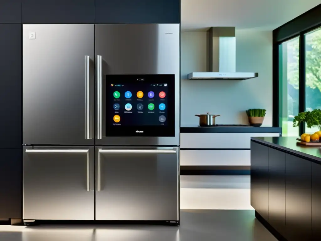 Cocina moderna con electrodomésticos inteligentes de acero inoxidable Una cocina moderna con electrodomésticos inteligentes integrados