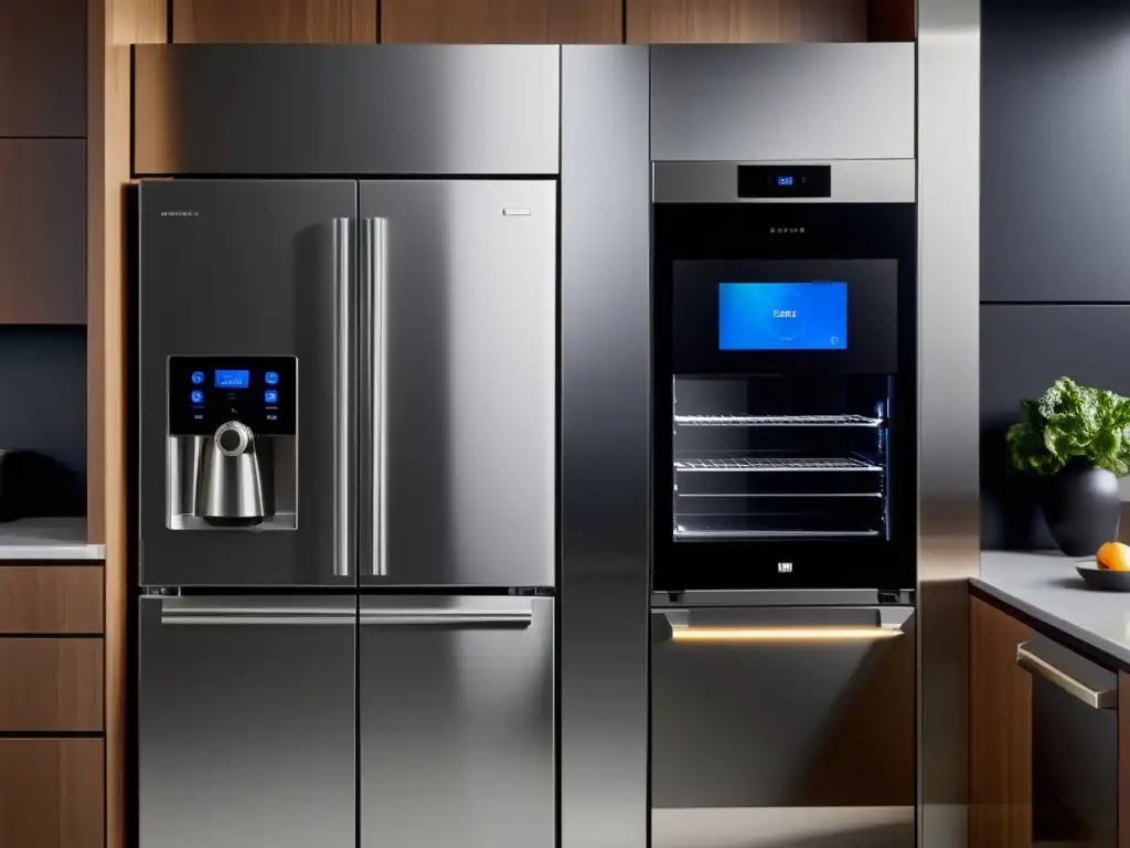 Cocina futurista con electrodomésticos inteligentes y elegantes Una cocina moderna con electrodomésticos inteligentes, ambientación futurista y prácticas de seguridad electrodomésticos inteligentes
