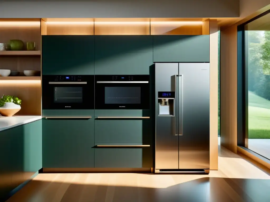 Cocina moderna con electrodomésticos inteligentes y sostenibles Una cocina moderna con electrodomésticos inteligentes y tecnología hogar integrados, enfocados en la sostenibilidad y el diseño ecoamigable