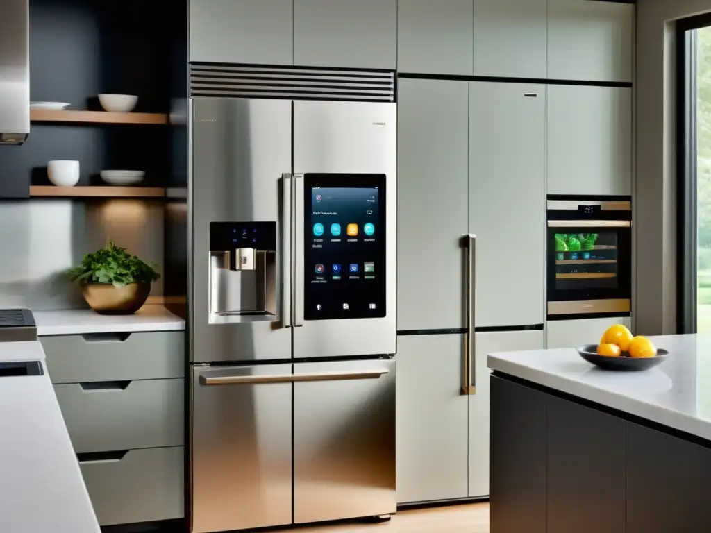 Cocina inteligente del futuro: diseño minimalista y tecnología avanzada Una cocina moderna con electrodomésticos inteligentes integrados, exudando sofisticación y eficiencia