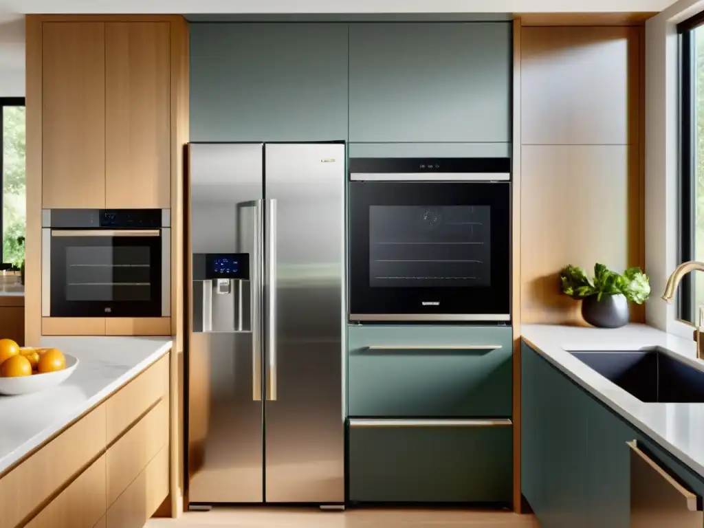 Cocina inteligente: diseño minimalista y sofisticación Una cocina moderna con electrodomésticos inteligentes integrados, que refleja sofisticación y eficiencia