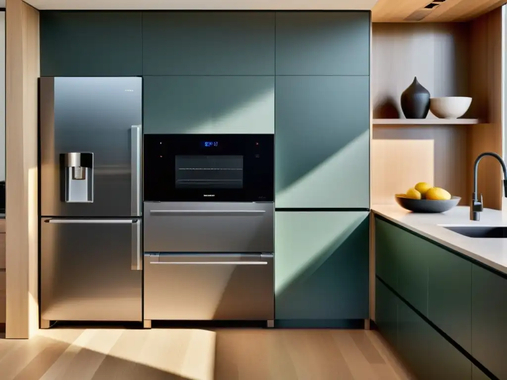 Cocina moderna con electrodomésticos inteligentes integrados Una cocina moderna con electrodomésticos inteligentes de ajustes ocultos integrados en el diseño, con líneas limpias y tonos suaves