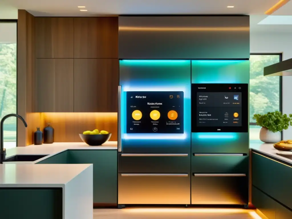 Cocina futurista con electrodomésticos inteligentes y realidad aumentada Una cocina moderna con electrodomésticos inteligentes y realidad aumentada, creando un ambiente cálido e invitador