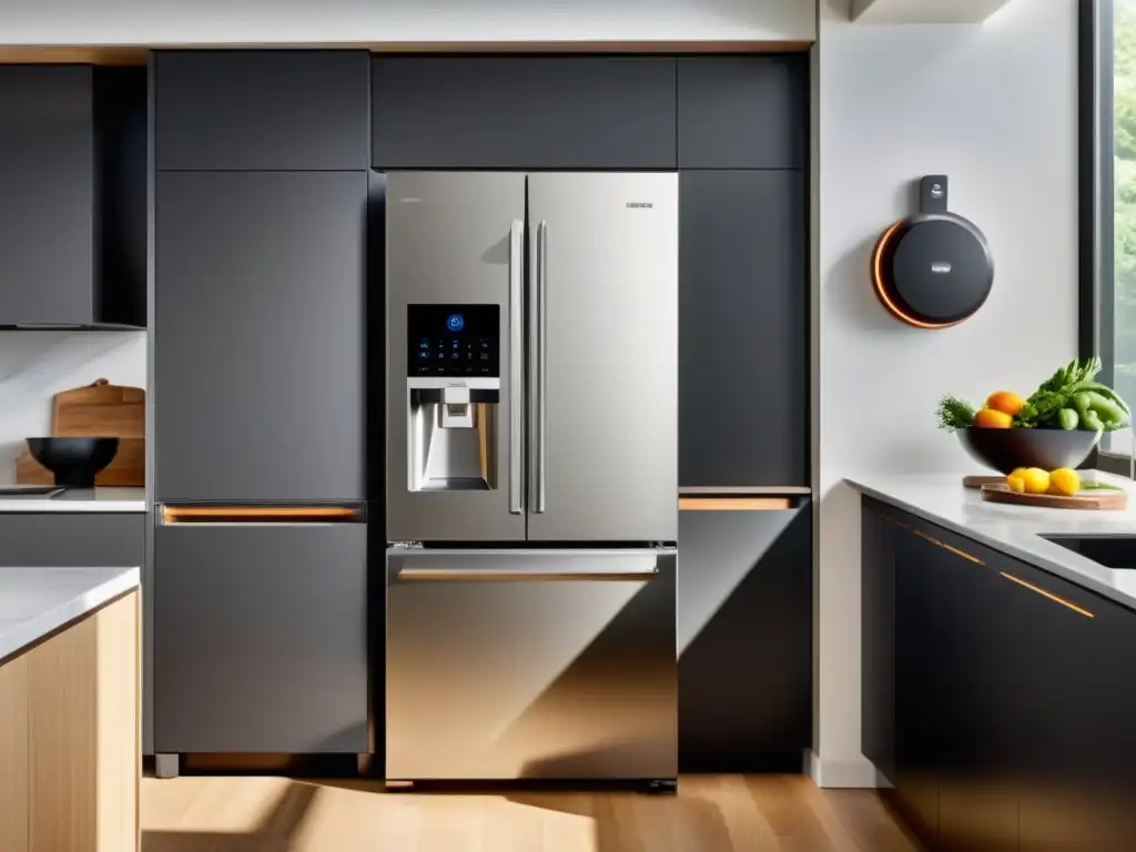 Cocina futurista con electrodomésticos inteligentes integrados Una cocina moderna con electrodomésticos inteligentes para limpieza eficiente, pantalla táctil en el refrigerador y asistente de voz