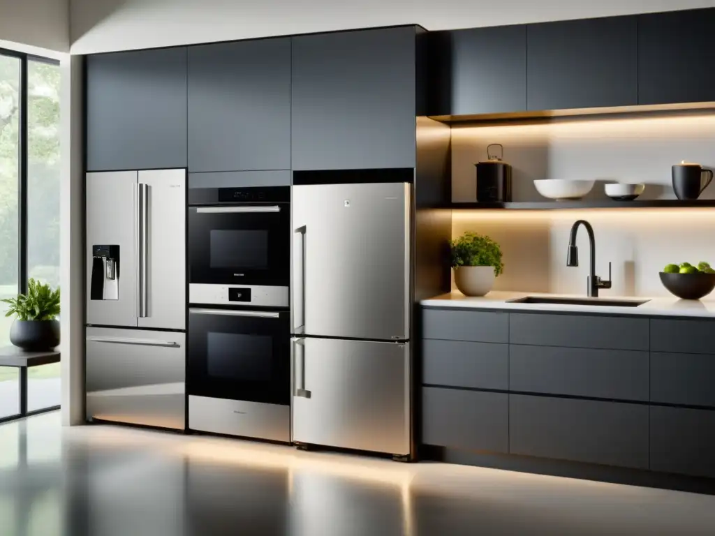 Cocina futurista: Electrodomésticos inteligentes en un entorno minimalista Una cocina moderna con electrodomésticos inteligentes conectados a la red, creando un ambiente futurista