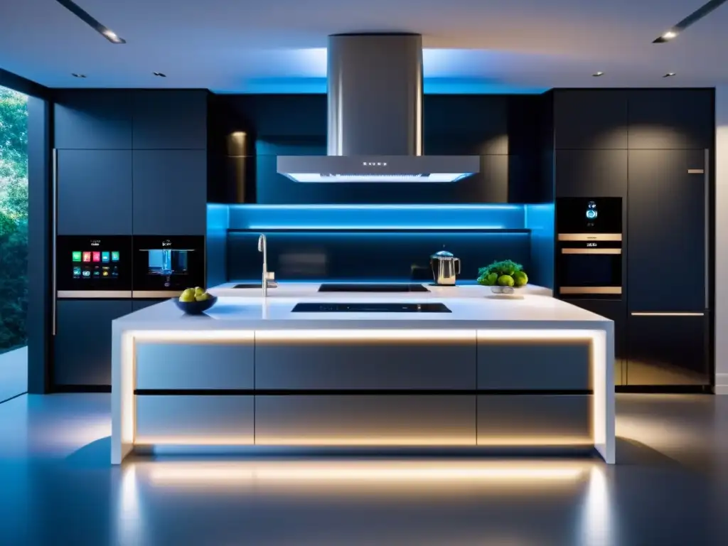 Cocina futurista con electrodomésticos inteligentes Cocina moderna con electrodomésticos inteligentes y control remoto tecnología, creando un entorno futurista y automatizado
