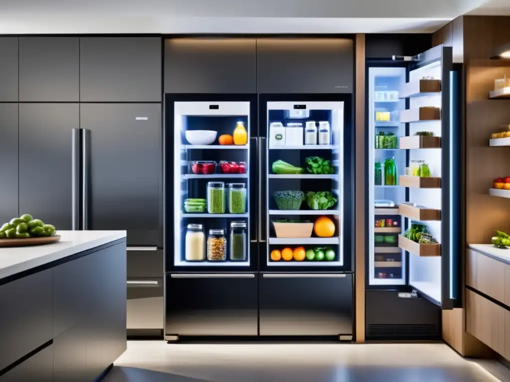 Cocina inteligente con refrigerador transparente y despensa organizada Una cocina moderna con electrodomésticos inteligentes y sistemas de organización para electrodomésticos