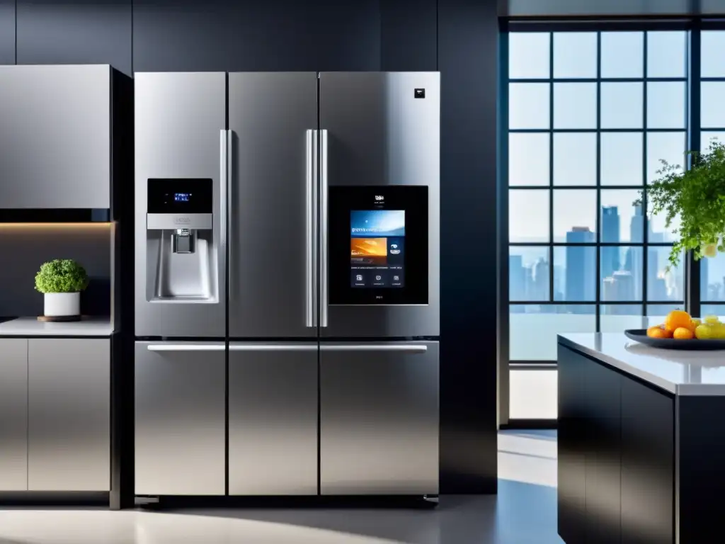 Cocina futurista con electrodomésticos inteligentes de acero inoxidable Una cocina moderna con electrodomésticos inteligentes para casa integrados en un diseño minimalista, creando una atmósfera futurista y sofisticada