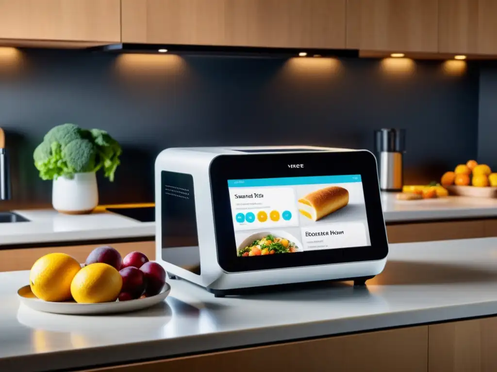 Cocina inteligente con asistente para discapacitados Una cocina moderna con electrodomésticos inteligentes para personas con discapacidad, integrando tecnología y accesibilidad