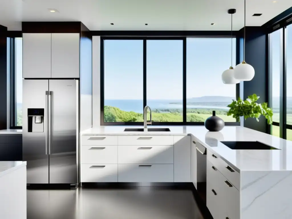 Moderna cocina con electrodomésticos inteligentes de acero inoxidable Una cocina moderna con electrodomésticos inteligentes de acero inoxidable, integrando rentabilidad y sofisticación en el hogar