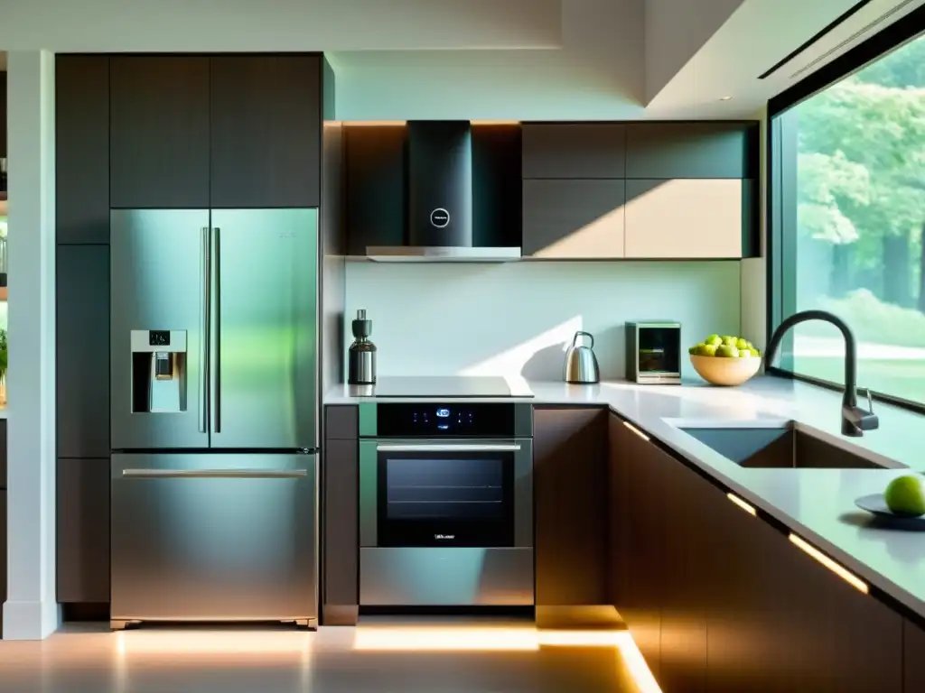 Cocina moderna con electrodomésticos inteligentes Una cocina moderna con electrodomésticos inteligentes de acero inoxidable, integrados en un diseño minimalista