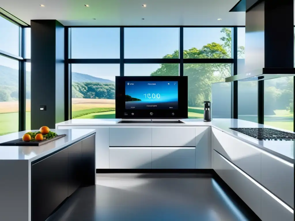 Cocina moderna con electrodomésticos inteligentes y diseño minimalista Una cocina moderna con electrodomésticos inteligentes de ahorro energético integrados en el diseño, iluminada por luz natural y tecnología LED