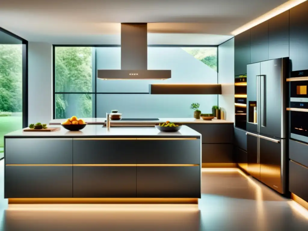 Cocina moderna con electrodomésticos inteligentes Una cocina moderna con electrodomésticos inteligentes de ahorro energético integrados en un ambiente acogedor y tecnológico