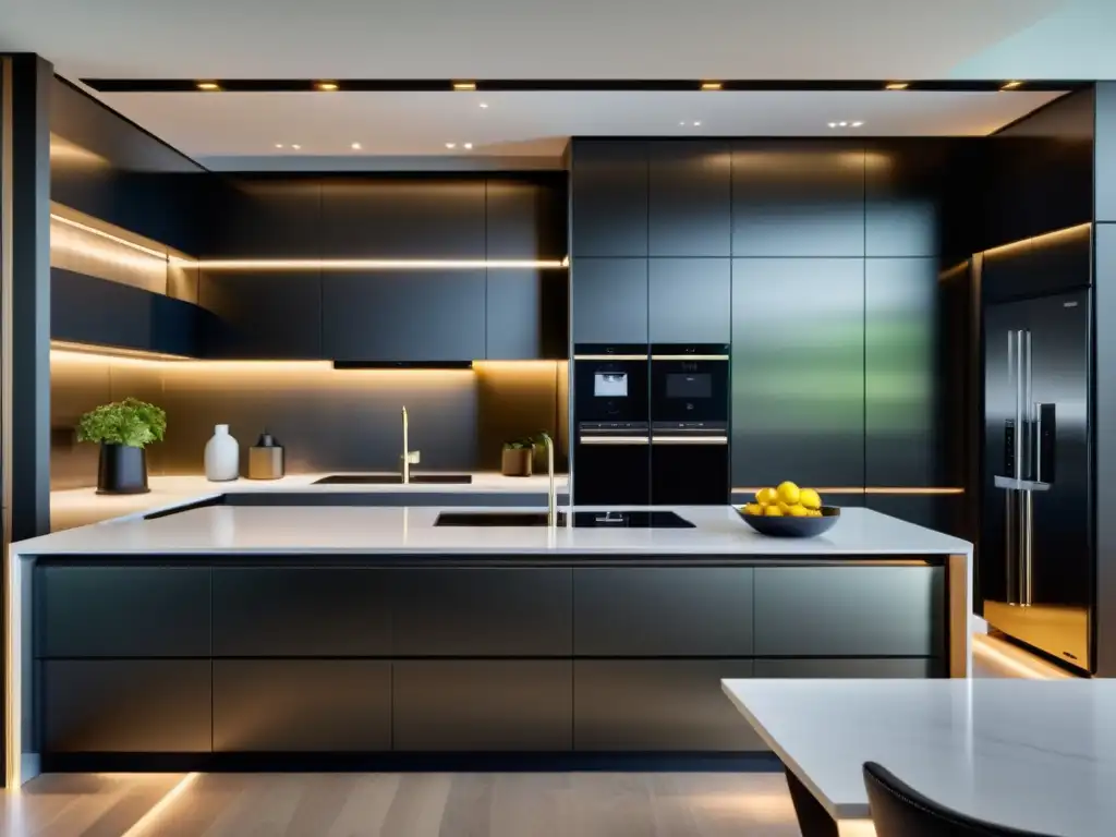 Cocina inteligente: diseño moderno con electrodomésticos futuristas Una cocina moderna con electrodomésticos inteligentes integrados en un diseño minimalista, exudando sofisticación y tecnología de vanguardia