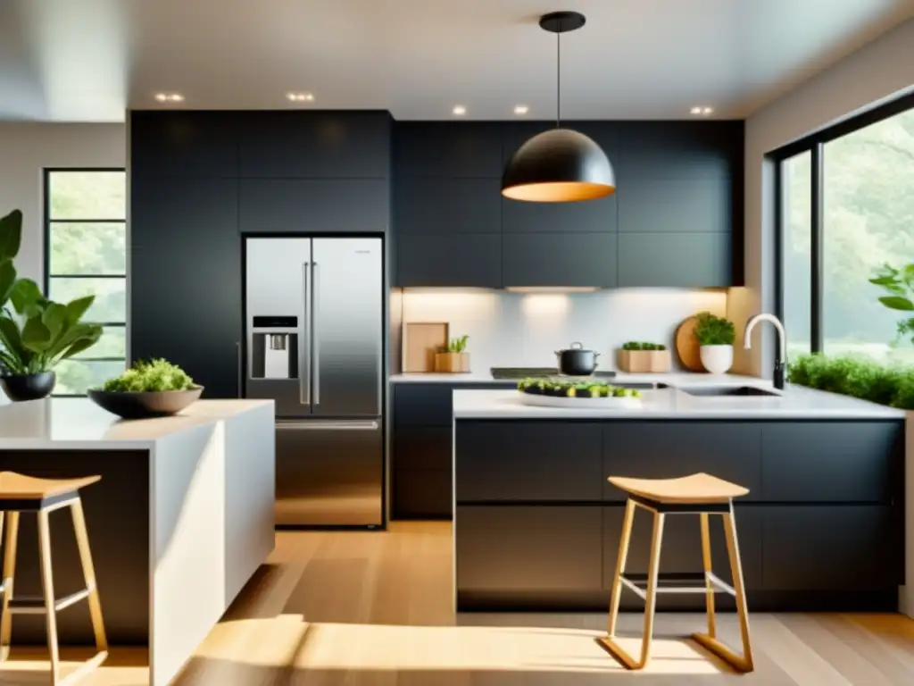Cocina moderna y sostenible con electrodomésticos inteligentes ecofriendly Cocina moderna con electrodomésticos inteligentes para hogar sostenible, luz natural y atmósfera acogedora
