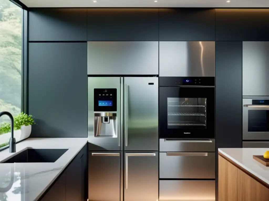 Una cocina moderna con electrodomésticos inteligentes, mostrando la integración de la inteligencia artificial en el hogar