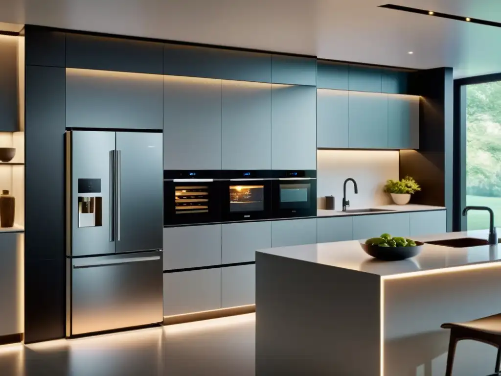 Cocina futurista con electrodomésticos inteligentes Una cocina moderna con electrodomésticos inteligentes conectados al software SmartThings para electrodomésticos, iluminados con LED suave