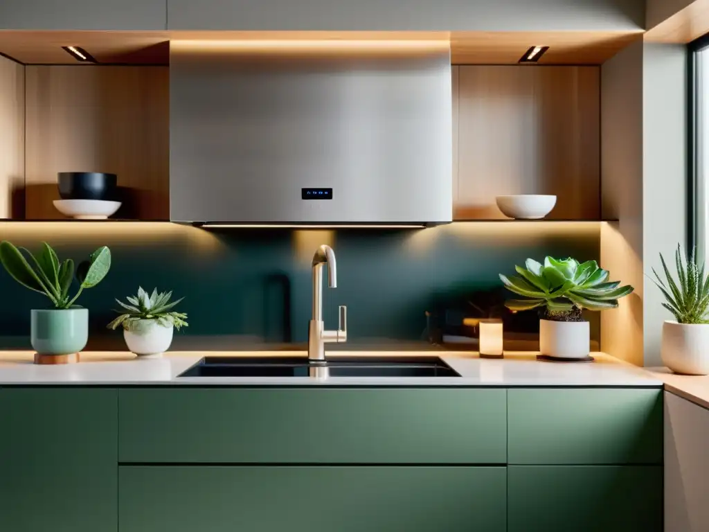Cocina moderna con electrodomésticos inteligentes controlados por voz Una cocina moderna con electrodomésticos inteligentes controlados por voz, bañada por luz natural