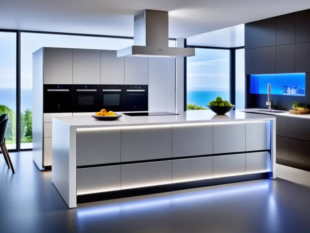 Una cocina moderna con electrodomésticos inteligentes y eficiencia energética, integrados en un diseño minimalista y de alta tecnología