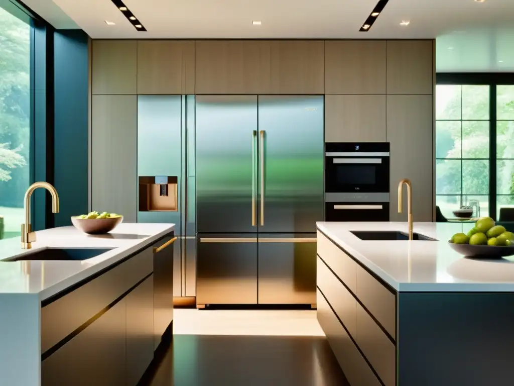 Una cocina moderna con electrodomésticos inteligentes integrados, exudando sofisticación y eficiencia energética, bañada en luz natural